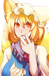 Rule 34 | 1girl, :o, animal ears, blonde hair, blush, breasts, dearmybrothers, female focus, fox ears, fox tail, hand to own mouth, highres, large breasts, looking at viewer, multiple tails, solo, tail, touhou, upper body, yakumo ran, yellow eyes