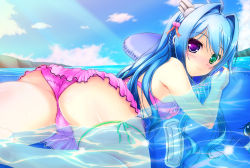 Rule 34 | 1girl, ass, bare arms, bikini, bikini skirt, blue hair, blush, braid, cloud, day, frilled bikini, frills, from behind, green eyes, hair bobbles, hair intakes, hair ornament, heterochromia, highres, hiro (725611), holding, horizon, inflatable orca, inflatable toy, inflatable whale, long hair, looking at viewer, looking back, lying, ocean, on stomach, original, outdoors, partially submerged, pink bikini, polka dot, polka dot bikini, polka dot swimsuit, purple eyes, riding, side braid, sky, smile, solo, swimsuit, water, wet