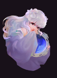 Rule 34 | 1girl, absurdres, black background, blunt bangs, brown eyes, flower, hair flower, hair ornament, highres, inuyasha, japanese clothes, kanna (inuyasha), kimono, looking at viewer, mirror, monster girl, off shoulder, simple background, solo, white hair, white kimono