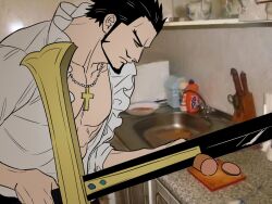 Rule 34 | 1boy, black hair, collar, cross, cross necklace, cutting, dracule mihawk, facial hair, food, frilled collar, frilled shirt, frills, goatee, holding, holding sword, holding weapon, jewelry, kitchen, looking at object, male focus, mj (mj 6nol), muscular, muscular male, necklace, one piece, open clothes, photo background, sausage, serious, shirt, short hair, sideburns, sword, table, weapon, white shirt, yellow eyes, yoru (sword)