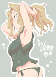 Rule 34 | 1girl, armpits, arms up, ass, birthday, blonde hair, bob (you-u-kai), english text, girls und panzer, green panties, kay (girls und panzer), looking to the side, mouth hold, panties, side-tie panties, simple background, solo, tank top, tying hair, underwear, underwear only