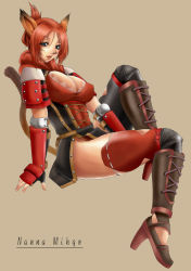 Rule 34 | 00s, 1girl, animal ears, armor, blue eyes, breasts, cat ears, cat tail, cleavage, final fantasy, final fantasy xi, fingerless gloves, full body, game, gloves, high heels, mithra (ff11), nanna mihgo, red hair, shoes, short hair, simple background, solo, tail, tattoo, thighhighs