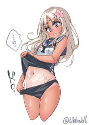 Rule 34 | ..., 10s, 1girl, ?, bad id, bad twitter id, blonde hair, blue eyes, blush, clothes lift, cowboy shot, crop top, cropped legs, cum, cum on body, cum on stomach, ebifurya, flower, groin, hair flower, hair ornament, highres, inactive account, kantai collection, lifting own clothes, long hair, looking down, navel, nontraditional school swimsuit, one-piece tan, open mouth, ro-500 (kancolle), sailor collar, school swimsuit, simple background, solo, spoken ellipsis, spoken question mark, stomach, swimsuit, swimsuit lift, swimsuit under clothes, tan, tanline, thighs, twitter username, white background