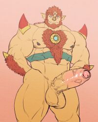 Rule 34 | 1boy, abs, absurdres, bara, beard, body markings, body modification, chest jewel, colored skin, completely nude, cowboy shot, cyborc (retrosharkspike), cyborg, earrings, erection, facial hair, forehead jewel, foreskin, full beard, girthy penis, highres, huge eyebrows, huge penis, jewelry, large pectorals, looking at viewer, male focus, mature male, monster boy, muscular, muscular male, nude, nudo (nu nudo do), orange fur, orc, original, pectorals, penis, pointy ears, short hair, solo, standing, stomach, strongman waist, thick beard, thick thighs, thighs, tusks, uncensored, veins, veiny penis, yellow skin