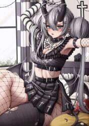 Rule 34 | 1girl, absurdres, armpits, arms up, bed, belt, black belt, black shirt, black skirt, breasts, chain, cleavage, crewmate (among us), crop top, cross, curtains, demon girl, demon horns, demon wings, ear piercing, fishnet pantyhose, fishnets, grey hair, highres, horns, indoors, lobsteranian, long hair, looking at viewer, low wings, medium breasts, mole, mole under eye, open mouth, original, pantyhose, piercing, pleated skirt, pointy ears, purple eyes, shirt, single thighhigh, sitting, skirt, solo, thighhighs, twintails, window, wings