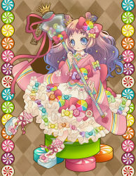 Rule 34 | 1girl, argyle, argyle background, argyle clothes, ascot, blue bow, blue eyes, bow, brown background, candy, candy hair ornament, colorful, crown, double bun, dress, food, food-themed hair ornament, food-themed ornament, frilled dress, frills, full body, green bow, hair bow, hair bun, hair ornament, highres, japanese clothes, kimono, kirio mari, long hair, looking at viewer, orange bow, original, personification, pink bow, pink shirt, pocketland, print kimono, purple bow, purple hair, rainbow order, red bow, sandals, shirt, sitting, smile, socks, solo, staff, white dress, yellow bow