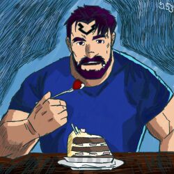 Rule 34 | 1boy, artist name, bara, beard, blue background, blue shirt, cake, cake slice, character name, commentary, eating, english commentary, facial hair, food, food on face, forehead tattoo, fork, forked eyebrows, fruit, holding, holding fork, looking at viewer, muscular, muscular male, non-web source, open mouth, original, purple eyes, purple hair, self-upload, shirt, smile, solo, strawberry, strawberry shortcake, thick eyebrows, yatsuoshi 53, yatsuoshi yoshikawa (yatsuoshi 53)