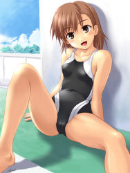 Rule 34 | 1girl, barefoot, black one-piece swimsuit, blush, breasts, brown eyes, brown hair, cameltoe, competition swimsuit, covered erect nipples, highres, kagehara hanzou, leg up, misaka mikoto, navel, one-piece swimsuit, shadow, sitting, small breasts, smile, solo, spread legs, swimsuit, toaru kagaku no railgun, toaru majutsu no index