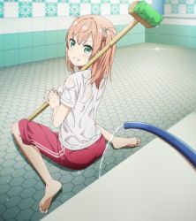 Rule 34 | 10s, 1girl, barefoot, feet, green eyes, highres, hose, nanahashi minori, one room, orange hair, screencap, soles, toes, twintails, wet, wet clothes