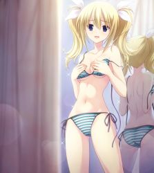 Rule 34 | 10s, 1girl, :d, arimura hinae, ass, bikini, blonde hair, blue eyes, breasts, chaos;child, cleavage, collarbone, covering breasts, covering privates, game cg, groin, hair between eyes, hair ribbon, halterneck, highres, indoors, long hair, looking at viewer, medium breasts, mirror, navel, official art, open mouth, ribbon, sasaki mutsumi, side-tie bikini bottom, smile, solo, sparkle, standing, string bikini, striped bikini, striped clothes, swimsuit, twintails, underboob, untied bikini, white ribbon