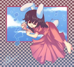 Rule 34 | 1girl, animal ears, barefoot, beamed quavers, dress, female focus, inaba tewi, instrument, lying, musical note, noorrzz, one eye closed, pink dress, quaver, rabbit ears, rabbit girl, rabbit tail, red eyes, sky, solo, tail, touhou, triangle, triangle (instrument), wink