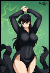 Rule 34 | 1girl, absurdres, arms up, black dress, black eyes, black hair, blush, breasts, collarbone, cosplay, covered navel, crossover, curvy, dress, green background, hammerofsolace, highres, komi-san wa komyushou desu, komi shouko, large breasts, long hair, long sleeves, looking at viewer, one-punch man, parted lips, solo, star (symbol), tatsumaki, tatsumaki (cosplay), thick thighs, thighs, tight clothes, tight dress, wide hips