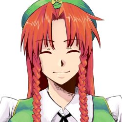 Rule 34 | 1girl, bad id, bad pixiv id, braid, china dress, chinese clothes, closed eyes, dress, embodiment of scarlet devil, female focus, hat, hong meiling, long hair, nishimachi (yuuraku), red hair, simple background, smile, solo, touhou, twin braids, white background