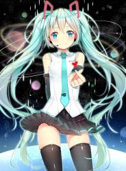 Rule 34 | 1girl, black skirt, black sleeves, black thighhighs, blue eyes, blue hair, blue nails, blue necktie, blush, clothes lift, cowboy shot, detached sleeves, floating hair, hair between eyes, hair ornament, hatsune miku, headphones, headset, long hair, long sleeves, looking at viewer, microphone, miniskirt, nail polish, necktie, pleated skirt, rhode, shiny clothes, shirt, skirt, skirt lift, sleeveless, sleeveless shirt, smile, solo, standing, thighhighs, twintails, very long hair, vocaloid, white shirt, zettai ryouiki