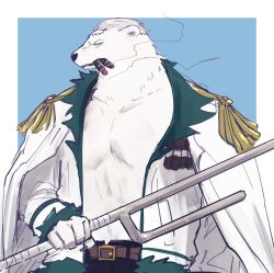 Rule 34 | 1boy, bara, coat, coat on shoulders, cowboy shot, facial hair, furrification, furry, furry male, highres, holding, holding weapon, large pectorals, looking to the side, male focus, mature male, medium sideburns, muscular, muscular male, one piece, pectoral cleavage, pectorals, scar, scar on face, scar on forehead, short hair, sideburns stubble, smoker (one piece), solo, sparse stubble, stitches, stubble, tsurime, weapon, white fur, white hair, yamakazi47