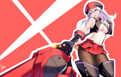 Rule 34 | 1girl, absurdres, alisa ilinichina amiella, boots, breasts, cabbie hat, daive, fingerless gloves, gloves, god eater, hat, highres, huge weapon, large breasts, navel, pantyhose, plaid headwear, skirt, solo, suspender skirt, suspenders, suspenders slip, thigh boots, thighhighs, underboob, weapon