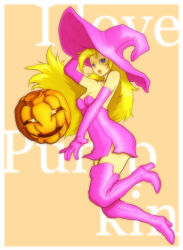 Rule 34 | /obg, 1girl, blonde hair, blue eyes, boots, breasts, cleavage, deneb rove, dress, elbow gloves, english text, full body, gloves, glowing, glowing eyes, hat, high heel boots, high heels, holding, holding hat, jack-o&#039;-lantern, long hair, ogre battle, open mouth, orange background, outstretched arm, pumpkin, purple dress, purple gloves, shuniku, solo, strapless, strapless dress, thighhighs, very long hair, witch, witch hat, zettai ryouiki