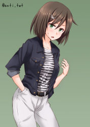 Rule 34 | alternate costume, anti (untea9), belt, blue jacket, blush, bob cut, brown hair, collarbone, green background, green eyes, hair between eyes, hair ornament, hand in pocket, hand up, highres, jacket, kantai collection, looking at viewer, maya (kancolle), open clothes, open jacket, pants, short hair, sleeves rolled up, slouching, solo, standing, sweatdrop, white pants
