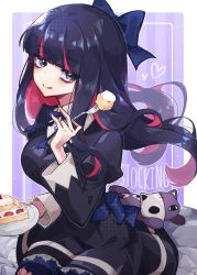 Rule 34 | 1girl, between legs, black dress, black hair, blue bow, blunt bangs, bow, breasts, cake, cat, collarbone, colored inner hair, commentary, dress, eating, emi star, english commentary, food, fork, gothic lolita, hair bow, hand between legs, highres, honekoneko (psg), lolita fashion, long hair, looking at viewer, medium breasts, multicolored hair, panty &amp; stocking with garterbelt, plate, sideboob, simple background, sitting, skeleton, sketch, smile, solo, stocking (psg), strawberry shortcake, striped clothes, striped thighhighs, stuffed toy, thick thighs, thighhighs, thighs, torn clothes, torn thighhighs, two-tone hair, underwear, white background