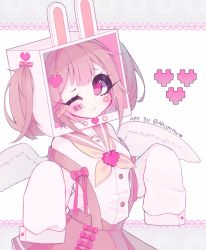Rule 34 | 1girl, animal ears, ariimaw, artist name, bandages, barcode, bow, rabbit ears, buttons, closed mouth, english text, frown, hair bow, hair ornament, hairclip, heart, heart in eye, highres, long eyelashes, looking at viewer, one eye closed, original, pink bow, pixelated, raised eyebrows, sailor collar, shirt, sidelocks, skirt, sleeves past fingers, sleeves past wrists, solo, suspender skirt, suspenders, symbol in eye, two side up, white shirt, wings