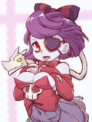 Rule 34 | 1girl, alternate costume, alternate hairstyle, areola slip, bow, bowtie, covered navel, eyepatch, hair bow, hands on breasts, highres, leviathan (skullgirls), looking at viewer, mtk hoshi, purple hair, red eyes, short hair, skirt, skullgirls, squigly (skullgirls), stitches, tongue, tongue out, white background, zombie