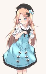 Rule 34 | 1girl, abigail williams (animejapan 2018) (fate), abigail williams (fate), absurdres, bad id, bad pixiv id, bare shoulders, beret, black bow, black bowtie, black hat, blonde hair, blue bow, blue dress, blue eyes, blush, bow, bowtie, closed mouth, dress, fate/grand order, fate (series), flugel haru, forehead, frills, hair bow, hat, highres, long hair, looking at viewer, official alternate costume, parted bangs, simple background, smile, solo, thighs, white bow