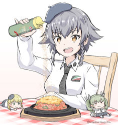 Rule 34 | 10s, 1girl, anchovy (girls und panzer), anzio school uniform, beret, black hair, black hat, braid, brown eyes, carpaccio (girls und panzer), character doll, cheese, commentary, dress shirt, elbow rest, emblem, food, girls und panzer, hair tie, hat, holding, katakori sugita, kraft, long sleeves, napolitan, open mouth, pantyhose, parmesan cheese, pasta, pepperoni (girls und panzer), plaid, plate, school uniform, shirt, short hair, side braid, simple background, sitting, smile, solo, table, tablecloth, twitter username, white background, white shirt, wooden chair