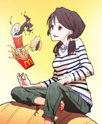 Rule 34 | 1girl, bad id, bad pixiv id, barefoot, brown hair, burger, capri pants, food, french fries, jewelry, kazufumi (kaz-newt), long hair, mcdonald&#039;s, necklace, original, pants, red eyes, shirt, sitting, smile, soda, solo, striped clothes, striped shirt, sweater, twintails, yellow background
