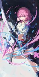 Rule 34 | 1girl, absurdres, arrow (projectile), bare legs, black footwear, blue skirt, bow (weapon), commentary, foot out of frame, highres, holding, holding bow (weapon), holding weapon, honkai: star rail, honkai (series), march 7th (honkai: star rail), miniskirt, muginosa, pink hair, purple eyes, shirt, short hair, skirt, solo, weapon, white shirt