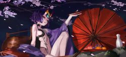 Rule 34 | 1girl, 1s44c, absurdres, alcohol, bare shoulders, bob cut, breasts, cherry blossoms, choko (cup), collarbone, cup, eyeliner, fate/grand order, fate (series), food, fruit, fruit bowl, grapes, headpiece, highres, horns, japanese clothes, kimono, knee up, long sleeves, looking at viewer, makeup, mandarin orange, navel, off shoulder, oil-paper umbrella, oni, open clothes, open kimono, open mouth, peach, pouring, purple eyes, purple hair, purple kimono, revealing clothes, sakazuki, sake, short hair, shuten douji (fate), sideboob, sitting, skin-covered horns, small breasts, smile, thighs, umbrella, wide sleeves