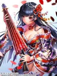 Rule 34 | 1girl, black hair, blush, breasts, character request, cleavage, closed umbrella, esphy, fighting stance, floral print, flower, frown, hair flower, hair ornament, hen-shin-shou-jo metamol maiden, holding, holding umbrella, japanese clothes, kimono, long hair, long sleeves, medium breasts, red eyes, solo, umbrella