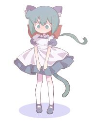 Rule 34 | 1girl, alternate costume, animal ear fluff, animal ears, apron, blush, bow, cat ears, cat girl, cat tail, closed mouth, commentary, constanze amalie von braunschbank-albrechtsberger, dress, english commentary, enmaided, full-face blush, full body, hair bow, highres, kemonomimi mode, large bow, little witch academia, maid, orenji (wholesomeorenji), puffy short sleeves, puffy sleeves, red bow, shoes, short sleeves, standing, tail, thick eyebrows, white apron, white background