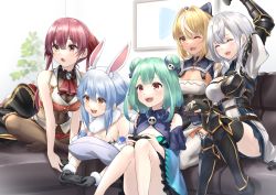 Rule 34 | 5girls, :d, animal ear fluff, animal ears, armor, blonde hair, blue hair, controller, couch, everyone, green hair, highres, holding, holding controller, holding hands, hololive, hololive fantasy, houshou marine, houshou marine (1st costume), light blush, multiple girls, nintendo switch pro controller, on couch, open mouth, playing games, rabbit ears, rabbit girl, red hair, shiranui flare, shiranui flare (old design), shirogane noel, shirogane noel (1st costume), silver hair, sitting, smile, tsurupy, uruha rushia, uruha rushia (1st costume), usada pekora, usada pekora (1st costume), virtual youtuber