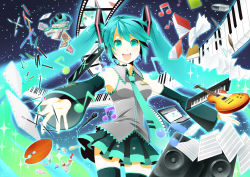 Rule 34 | 1girl, aqua eyes, aqua hair, art brush, bad id, bad pixiv id, beamed quavers, book, camera, canvas (object), computer, detached sleeves, film strip, gradient hair, guitar, hatsune miku, headset, highres, instrument, keyboard (computer), keyboard (instrument), laptop, long hair, microphone, multicolored hair, musical note, necktie, paint, paintbrush, palette (object), pencil, photo (medium), photo (object), piano keys, quaver, rkp, sheet music, skirt, solo, speaker, thighhighs, twintails, very long hair, vocaloid