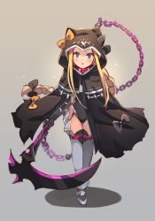Rule 34 | 1girl, abigail williams (fate), armored boots, belt collar, black bow, black capelet, black cloak, black leotard, blonde hair, blue eyes, blush, boots, bow, braid, breasts, capelet, chain, cloak, closed mouth, collar, cosplay, fate/grand order, fate (series), forehead, full body, grey background, hair bow, holding, holding scythe, hood, hood up, hooded capelet, hooded cloak, leotard, long hair, looking at viewer, medusa (fate), medusa (lancer) (fate), medusa (lancer) (fate) (cosplay), medusa (rider) (fate), miya (miyaruta), multiple bows, orange bow, parted bangs, parted lips, rider, scythe, shadow, sidelocks, single braid, small breasts, solo, very long hair