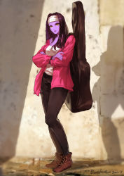 Rule 34 | 1girl, 2016, alternate costume, alternate hairstyle, ankle boots, bare shoulders, black hair, black pants, boots, breasts, brown footwear, casual, closed mouth, collarbone, colored skin, commentary request, crossed arms, daible, dated, day, eyelashes, full body, guitar, guitar case, hair down, headband, highres, hood, hood down, hooded jacket, instrument, instrument case, jacket, long hair, long sleeves, looking at viewer, md5 mismatch, nose, off shoulder, outdoors, overwatch, overwatch 1, pants, pink jacket, purple hair, purple lips, purple skin, resolution mismatch, shadow, shirt, shoelaces, signature, small breasts, solo, source smaller, standing, undershirt, white shirt, widowmaker (overwatch), yellow eyes
