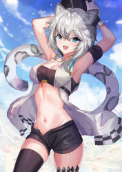 Rule 34 | 1girl, :d, animal ears, arknights, armband, armpits, arms up, bandeau, bare arms, bare shoulders, black shorts, black thighhighs, blue eyes, blue sky, breasts, chinese commentary, cleavage, cliffheart (arknights), cloud, commentary request, cowboy shot, day, groin, hair between eyes, highres, jewelry, leopard ears, leopard tail, light particles, looking at viewer, medium breasts, midriff, navel, necklace, open mouth, outdoors, shanguier, short hair, short shorts, shorts, silver hair, single thighhigh, sky, sleeveless, smile, solo, stomach, strapless, tail, thighhighs, thighs, tube top
