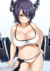 Rule 34 | 10s, 1girl, bikini, blush, breasts, cleavage, curvy, eyepatch, female focus, gradient background, headgear, kantai collection, large breasts, looking at viewer, mocchisake, navel, open mouth, plump, purple hair, short hair, solo, sweat, swimsuit, tenryuu (kancolle), thick thighs, thighs, wide hips, yellow eyes