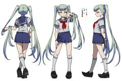 Rule 34 | 1girl, arm behind back, back, character sheet, closed mouth, color guide, enouchi ai, from side, green hair, hand on own hip, light green hair, long hair, multiple views, nail polish, original, palette (object), red neckwear, school uniform, simple background, standing, twintails, very long hair, walking, white background, white nails, yellow eyes