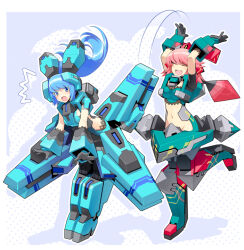 Rule 34 | 2girls, arms up, black gloves, blue eyes, blue hair, breasts, cosmic break, gloves, headgear, leg armor, lily rain, mecha musume, mechanical skirt, medium breasts, multiple girls, navel, official art, open mouth, pink hair, short hair, sideboob, sideless outfit, small breasts, smile, surprised, wakaba sprout, winberrl