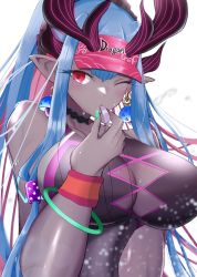 Rule 34 | 1girl, aqua hair, black one-piece swimsuit, body markings, breast cutout, breasts, cleavage cutout, clothing cutout, colored skin, fate/grand order, fate (series), grey skin, hat, highres, holding, holding whistle, horns, huge breasts, ibuki douji (fate), ibuki douji (swimsuit berserker) (fate), ibuki douji (swimsuit berserker) (first ascension) (fate), moyashi (pixiv44153669), multicolored hair, multiple horns, one-piece swimsuit, one eye closed, oni, oni horns, pink hair, pink hat, pink one-piece swimsuit, pointy ears, red eyes, solo, swimsuit, two-tone hair, two-tone swimsuit, visor cap, whistle, whistling
