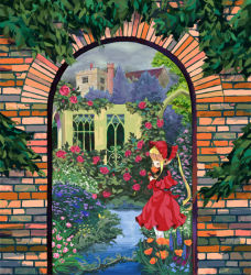 Rule 34 | 00s, 1girl, arch, blonde hair, bonnet, brick wall, colorful, dress, drill hair, closed eyes, faux traditional media, flower, full body, garden, grass, house, long hair, nature, outdoors, overgrown, red dress, river, rose, rozen maiden, shinku, smelling, solo, standing, very long hair
