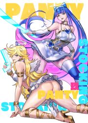 Rule 34 | 2girls, absurdres, ass, bare shoulders, blonde hair, blue eyes, blue hair, bracelet, breasts, censored, censored by text, censoring text, cleavage, colored inner hair, dress, earrings, elbow gloves, gloves, green eyes, halo, high heels, highres, holding, holding weapon, jewelry, juaag acgy, large breasts, long hair, looking at viewer, medium breasts, multicolored hair, multiple girls, nail polish, no panties, open mouth, panty &amp; stocking with garterbelt, panty (psg), pink hair, short dress, smile, stocking (psg), striped clothes, striped thighhighs, thighhighs, tongue, tongue out, very long hair, weapon