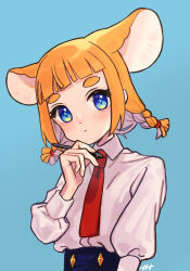 Rule 34 | + +, 1girl, :&lt;, animal ears, blue background, blue eyes, blunt bangs, blush, braid, collared shirt, hand on own chin, highres, holding, holding stylus, indie virtual youtuber, long hair, long sleeves, looking at viewer, mouse ears, mouse girl, naname (7name), necktie, orange hair, original, shirt, shirt tucked in, solo, stylus, thick eyebrows, twin braids, virtual youtuber