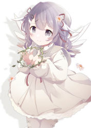 Rule 34 | 1girl, absurdres, angel, angel wings, blush, closed mouth, dada (relive project), dress, feathered wings, flower, grey eyes, grey hair, hair flower, hair ornament, hair ribbon, hairclip, head wreath removed, highres, hitsuki (grace89121522), holding, holding wreath, long hair, long sleeves, looking at viewer, relive project, ribbon, smile, solo, virtual youtuber, white dress, white wings, wings