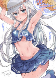 Rule 34 | 1girl, armpits, artist name, blue eyes, blue footwear, blue skirt, blush, cheering, cheerleader, clothes writing, collarbone, grey hair, groin, hair between eyes, hammer and sickle, hat, heart, hibiki (kancolle), highres, holding, holding pom poms, kantai collection, long hair, mizuta kenji, motion lines, navel, one-hour drawing challenge, open mouth, pleated skirt, pom pom (cheerleading), pom poms, shoes, sidelocks, signature, simple background, skirt, solo, speech bubble, translation request, twitter username, verniy (kancolle), white background, white hat