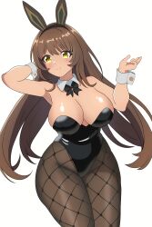 Rule 34 | 1girl, absurdres, animal ears, artist request, black bow, black bowtie, black leotard, blush, bow, bowtie, breasts, brown hair, brown pantyhose, cleavage, closed mouth, curvy, dark-skinned female, dark skin, detached collar, fake animal ears, fishnet pantyhose, fishnets, goddess of victory: nikke, highleg, highleg leotard, highres, large breasts, leotard, long hair, looking at viewer, noir (nikke), pantyhose, playboy bunny, rabbit ears, shiny skin, smile, solo, strapless, strapless leotard, thigh gap, very long hair, wide hips, wrist cuffs, yellow eyes