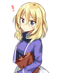 Rule 34 | !, 1girl, bag, bc freedom military uniform, blonde hair, blue eyes, blue jacket, blue vest, closed mouth, eating, food, food on face, girls und panzer, hair between eyes, hatsukaze33, jacket, long sleeves, looking at viewer, medium hair, oshida (girls und panzer), paper bag, simple background, skirt, solo, taiyaki, upper body, vest, wagashi, white background, white skirt