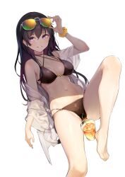 Rule 34 | 1girl, absurdres, arm up, bare legs, bare shoulders, barefoot, bikini, black bikini, black choker, black hair, breasts, choker, colored inner hair, commission, criss-cross halter, cup, dampi, drinking glass, eyewear on head, feet, gradient hair, grin, halterneck, highres, knee up, legs, long hair, looking at viewer, lying, medium breasts, multi-strapped bikini, multicolored hair, navel, o-ring, o-ring bikini, off shoulder, on back, open clothes, open shirt, original, purple eyes, reclining, scrunchie, see-through, shirt, simple background, smile, solo, stomach, string bikini, sunglasses, swimsuit, thighs, tinted eyewear, very long hair, white background, white shirt, wrist scrunchie