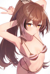 Rule 34 | 1girl, absurdres, armpits, bikini, breasts, brown hair, collarbone, feather hair ornament, feathers, getto, hair between eyes, hair ornament, highres, hololive, hololive english, long hair, looking at viewer, medium breasts, nanashi mumei, navel, ponytail, simple background, solo, striped bikini, striped clothes, swimsuit, v, virtual youtuber, white background, yellow eyes
